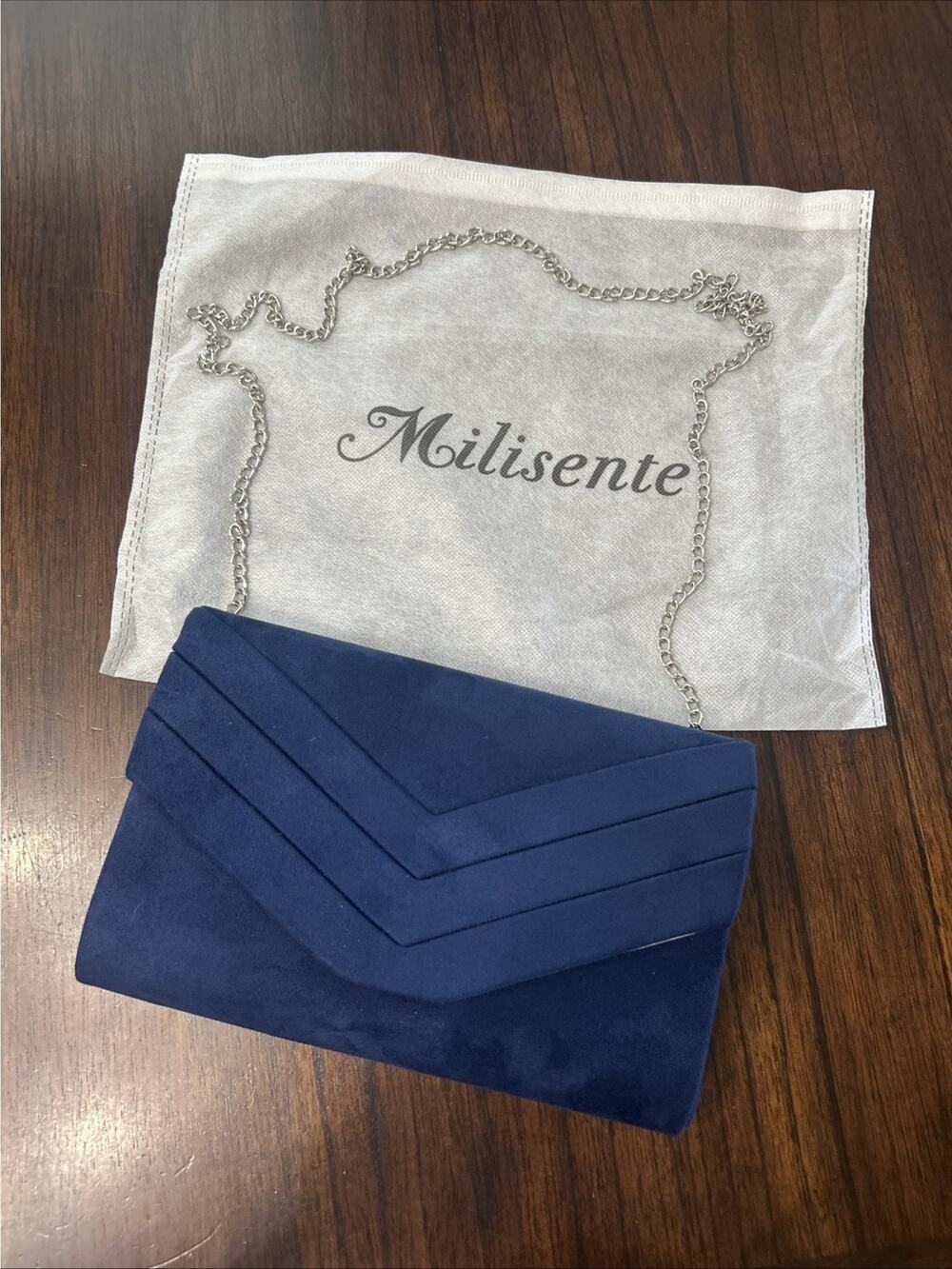 Milisante Navy Blue Faux Suede Envelope Clutch Chain Crossbody Bag Wedding Party